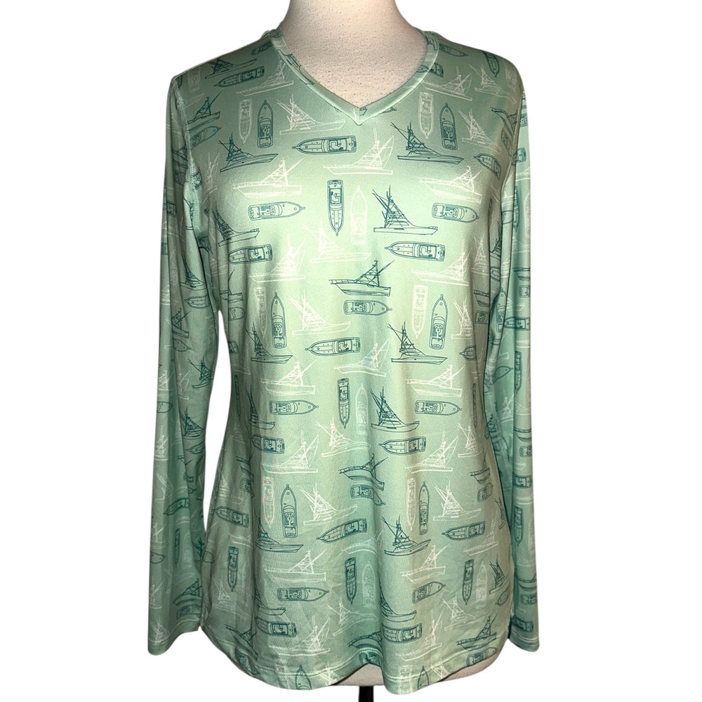 WB4 AFCO Fishing Tackle Sun Shirt Top Boat Print Long Sleeve Activewear Women's
